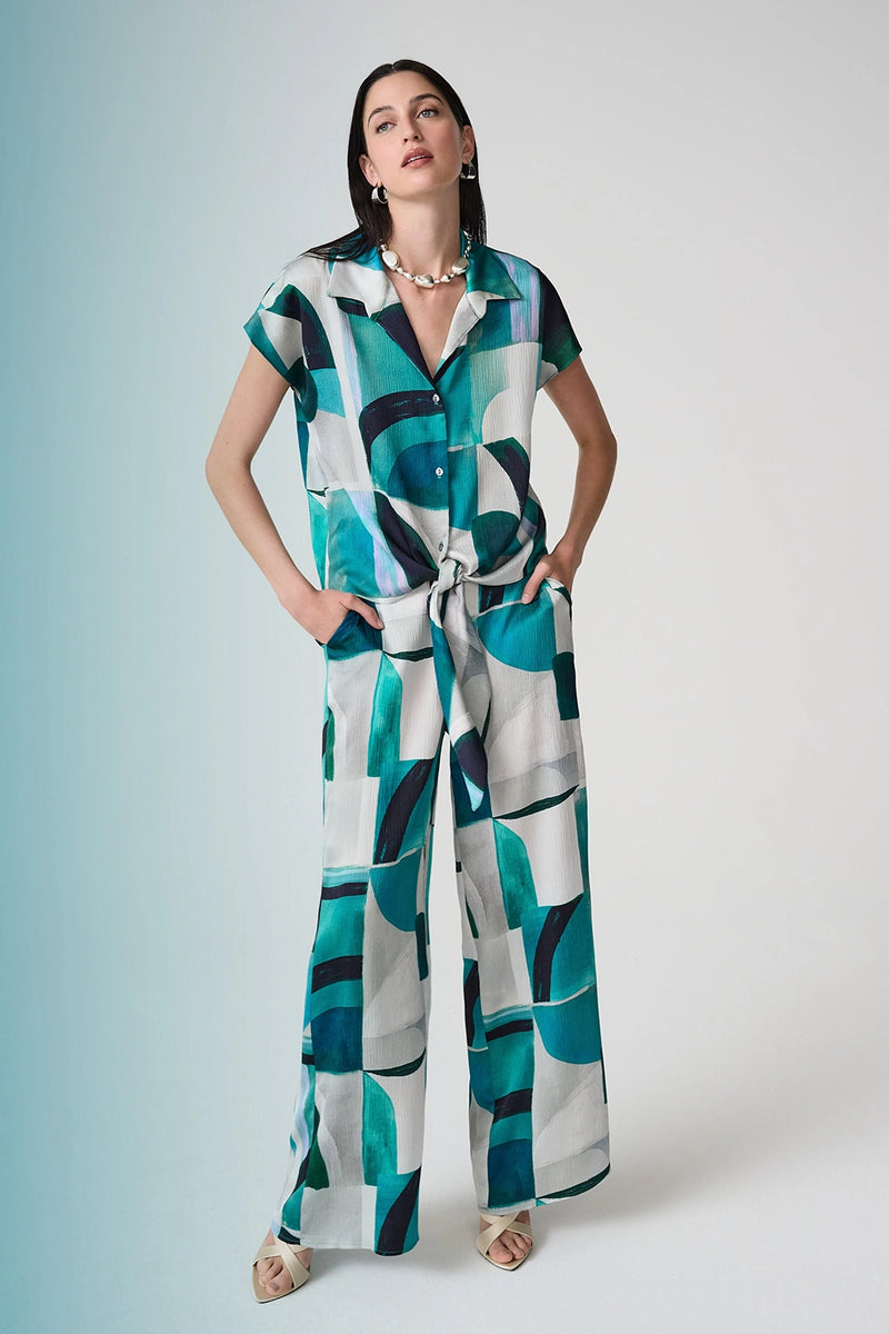 Joseph Ribkoff Textured Satin Geometric Print Wide Leg Pull-On Pants Jr261042