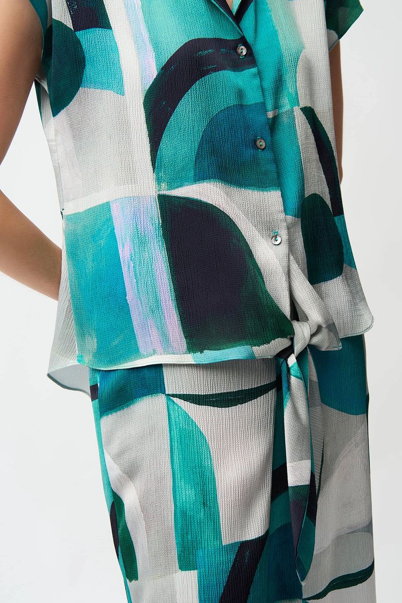 Joseph Ribkoff Textured Satin Geometric Print Boxy Top With Front Ties Jr261065