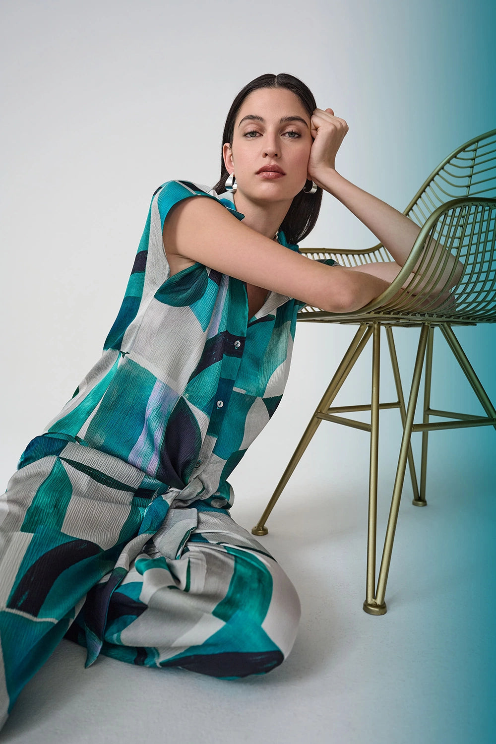 Joseph Ribkoff Textured Satin Geometric Print Boxy Top With Front Ties Jr261065