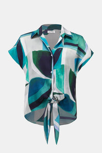 Joseph Ribkoff Textured Satin Geometric Print Boxy Top With Front Ties Jr261065