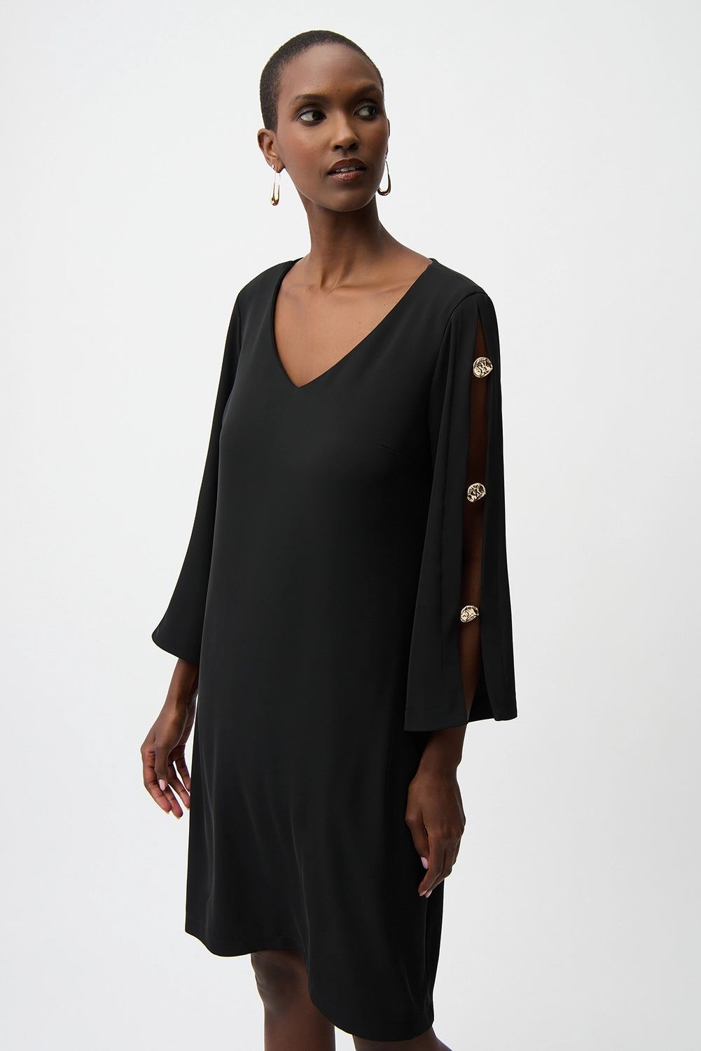 Joseph Ribkoff Woven Twill Trapeze Dress With Gold Trimmed Slit Sleeve Bacio Collection Joseph Ribkoff Woven Twill Trapeze Dress With Gold Trimmed Slit Sleeve Bacio Collection
