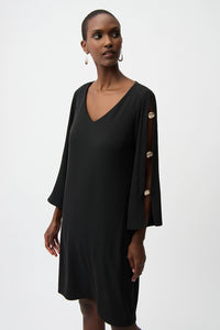 Joseph Ribkoff Woven Twill Trapeze Dress With Gold Trimmed Slit Sleeves Jr261085