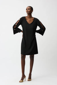 Joseph Ribkoff Woven Twill Trapeze Dress With Gold Trimmed Slit Sleeves Jr261085