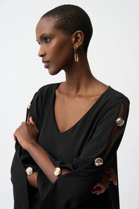 Joseph Ribkoff Woven Twill Trapeze Dress With Gold Trimmed Slit Sleeves Jr261085