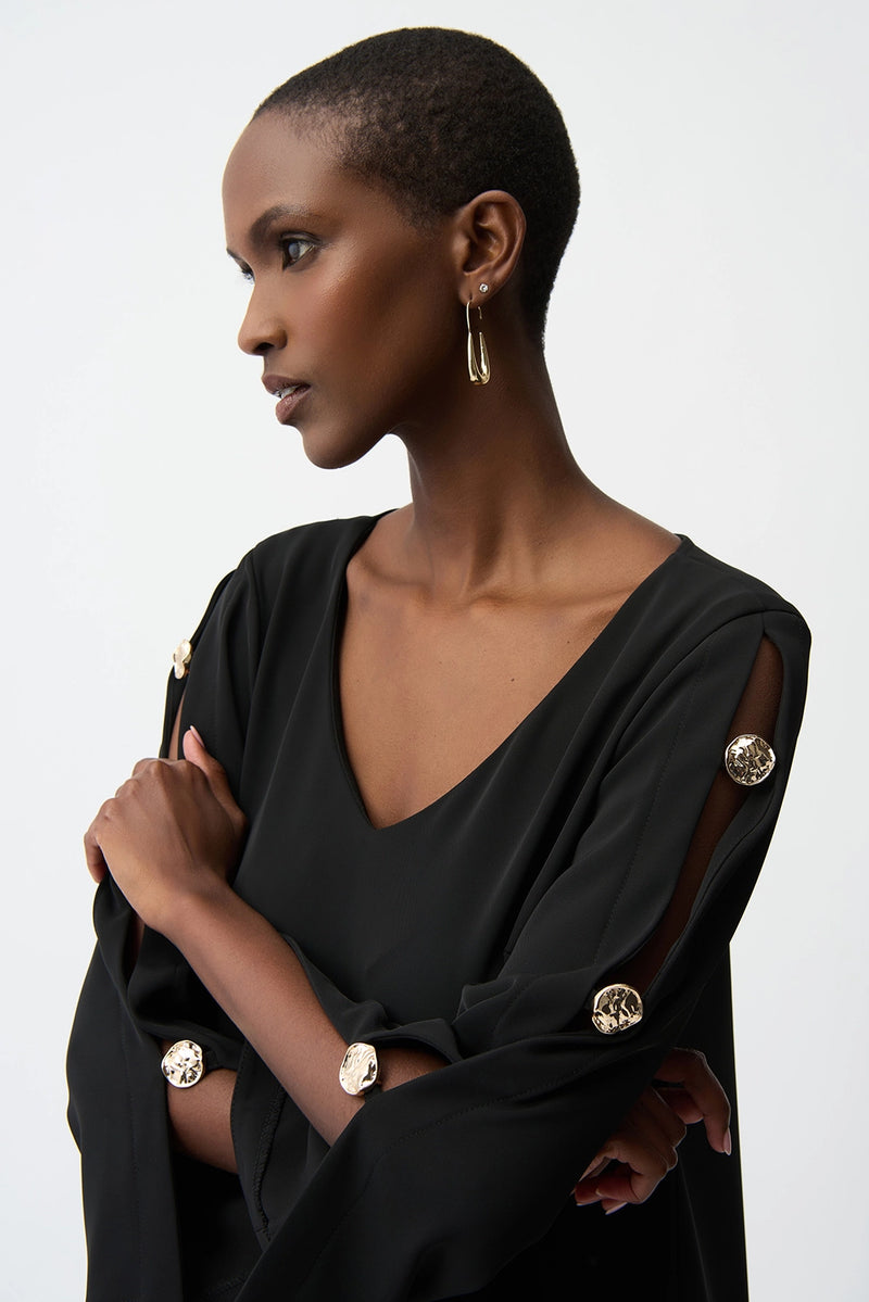 Joseph Ribkoff Woven Twill Trapeze Dress With Gold Trimmed Slit Sleeves Jr261085