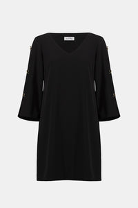 Joseph Ribkoff Woven Twill Trapeze Dress With Gold Trimmed Slit Sleeves Jr261085