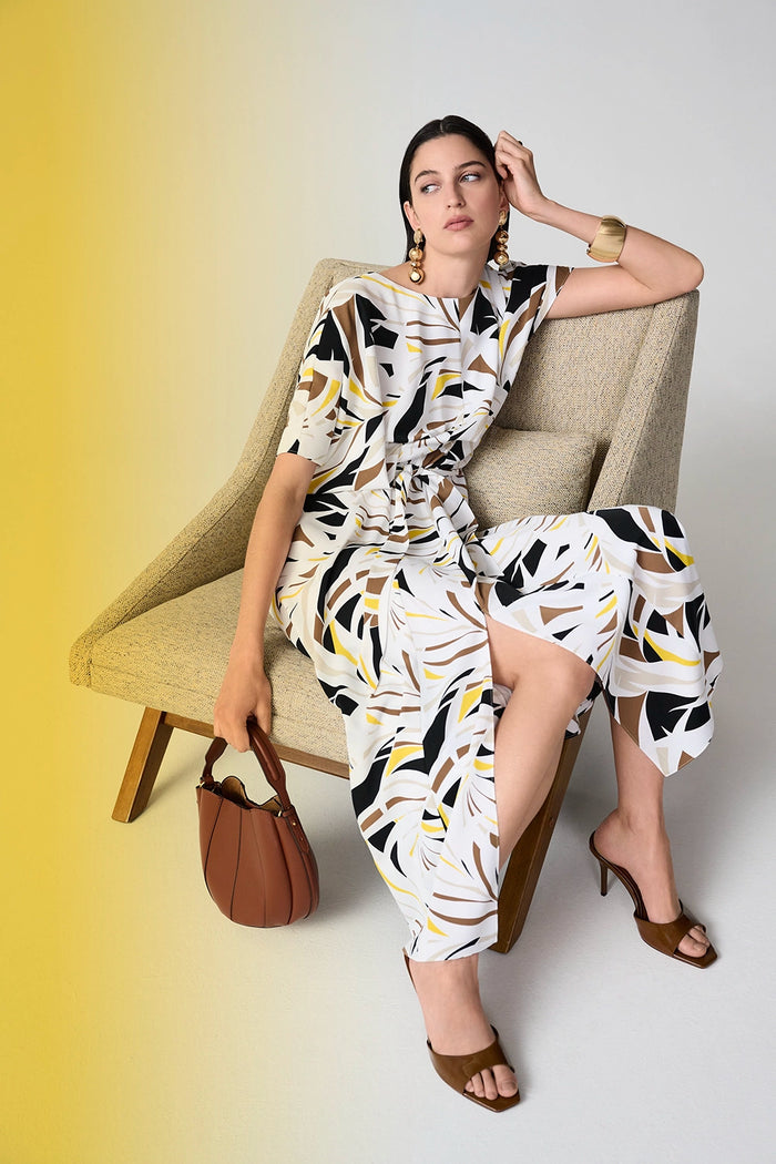 Joseph Ribkoff Recycled Woven Tropical Print Trapeze Dress With Sash Jr261168