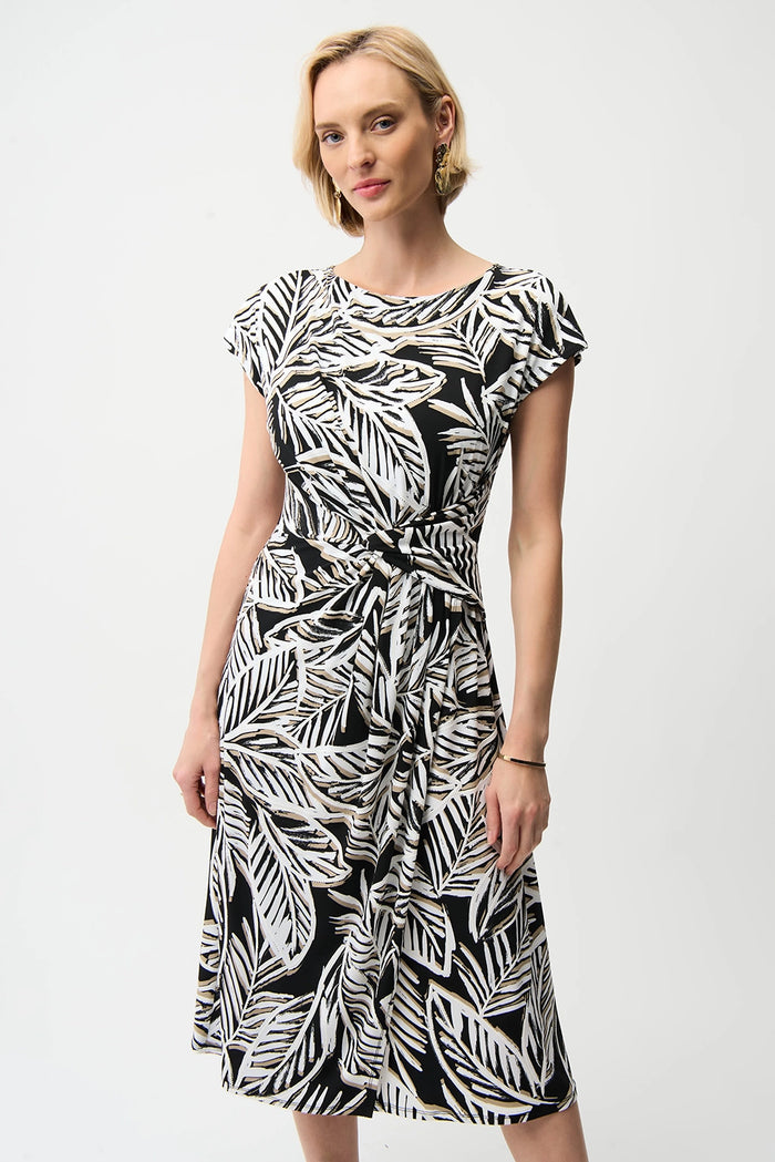 Joseph Ribkoff Silky Knit Tropical Print Fit and Flare Dress With Boat Neckline Jr261211