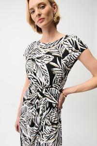 Joseph Ribkoff Silky Knit Tropical Print Fit and Flare Dress With Boat Neckline Jr261211