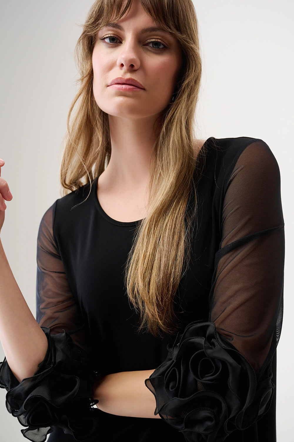 Joseph Ribkoff Silky Knit and Mesh A-Line Dress With Ruffled Trim Jr261212