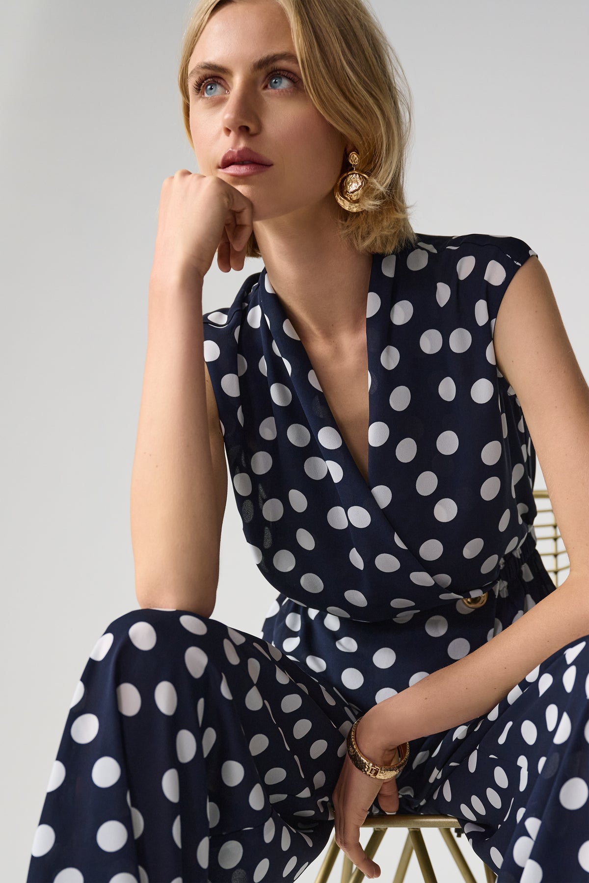 Joseph Ribkoff Georgette Dot Print Wrap Peplum Top With Gold Buttons Jr261250