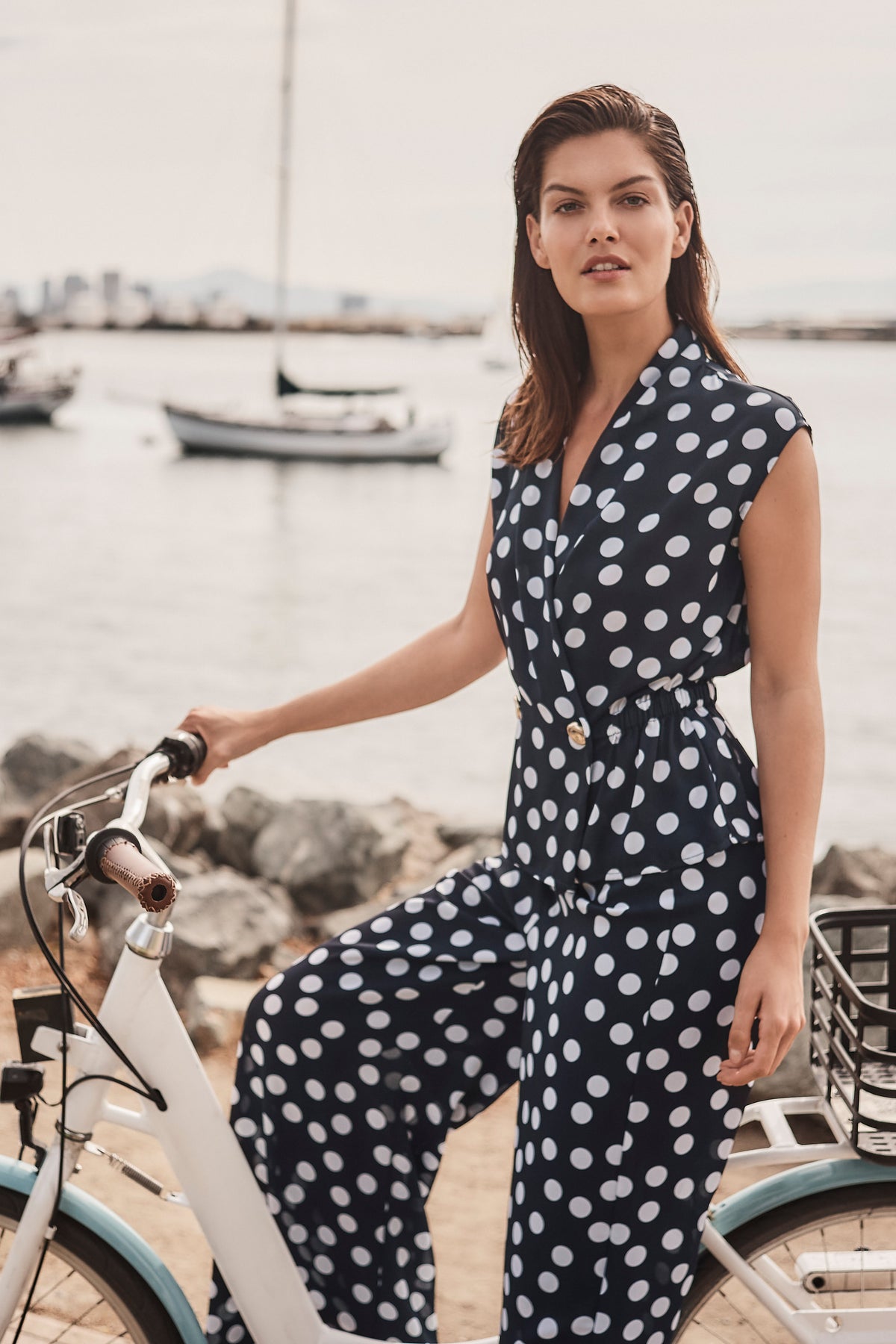 Joseph Ribkoff Georgette Dot Print Wrap Peplum Top With Gold Buttons Jr261250