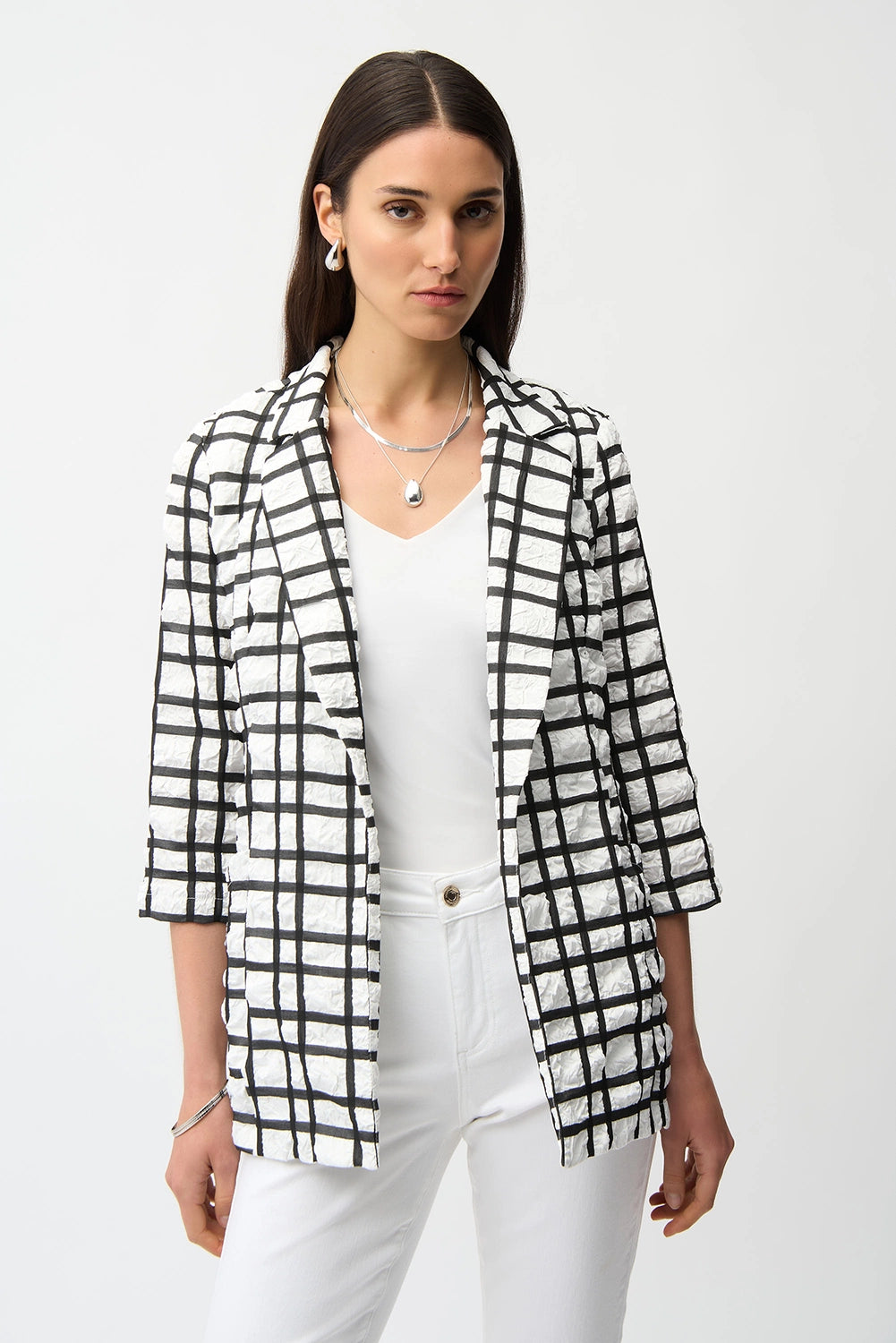 Joseph Ribkoff Jacquard Plaid Print Boxy Blazer With Notched Collar Jr261268
