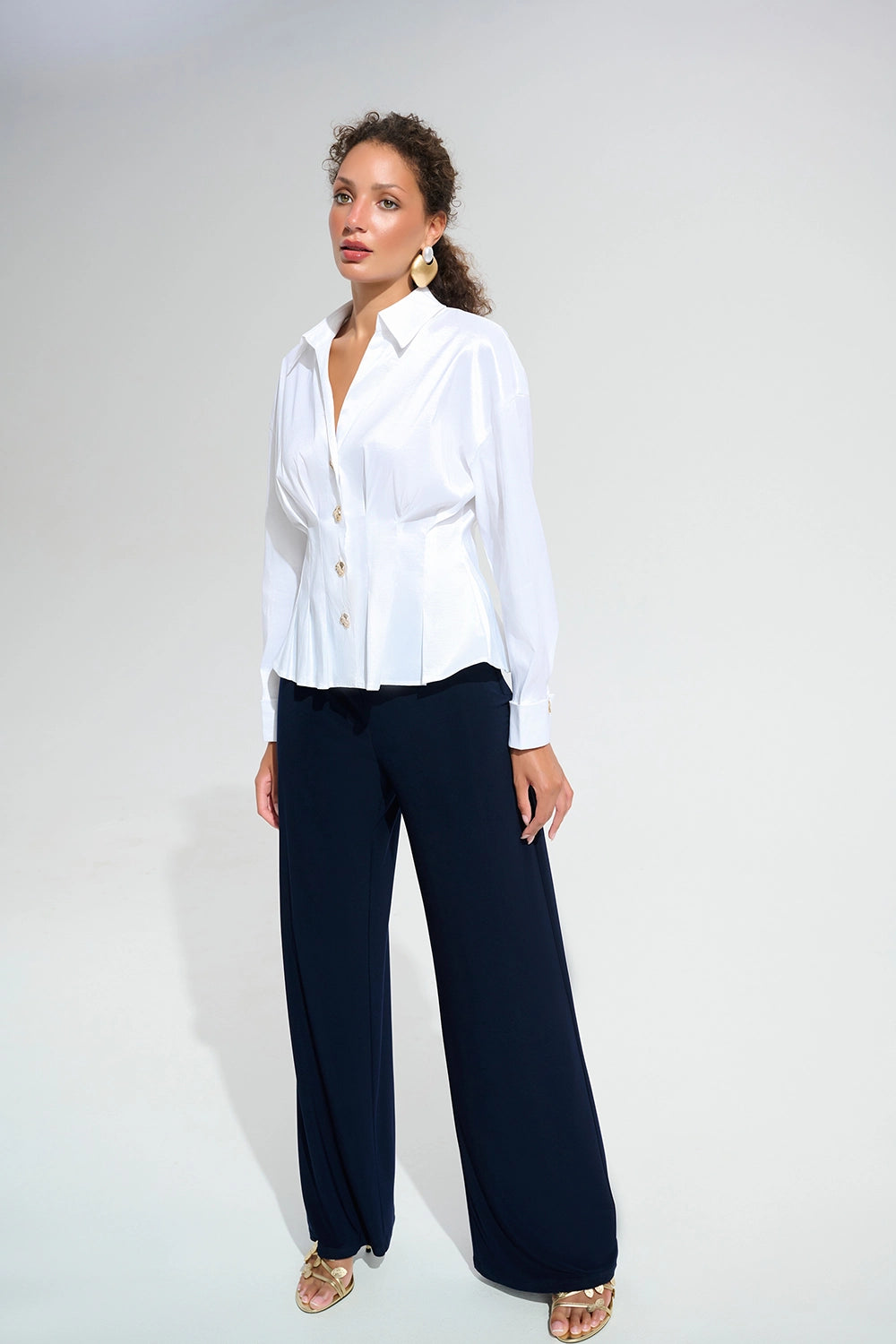 Joseph Ribkoff Signature | Stretch Taffeta Fit And Flare Blouse With Chain Link Button Cuffs Jr261742