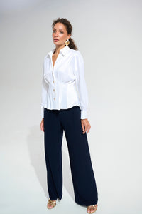 Joseph Ribkoff Signature | Stretch Taffeta Fit And Flare Blouse With Chain Link Button Cuffs Jr261742