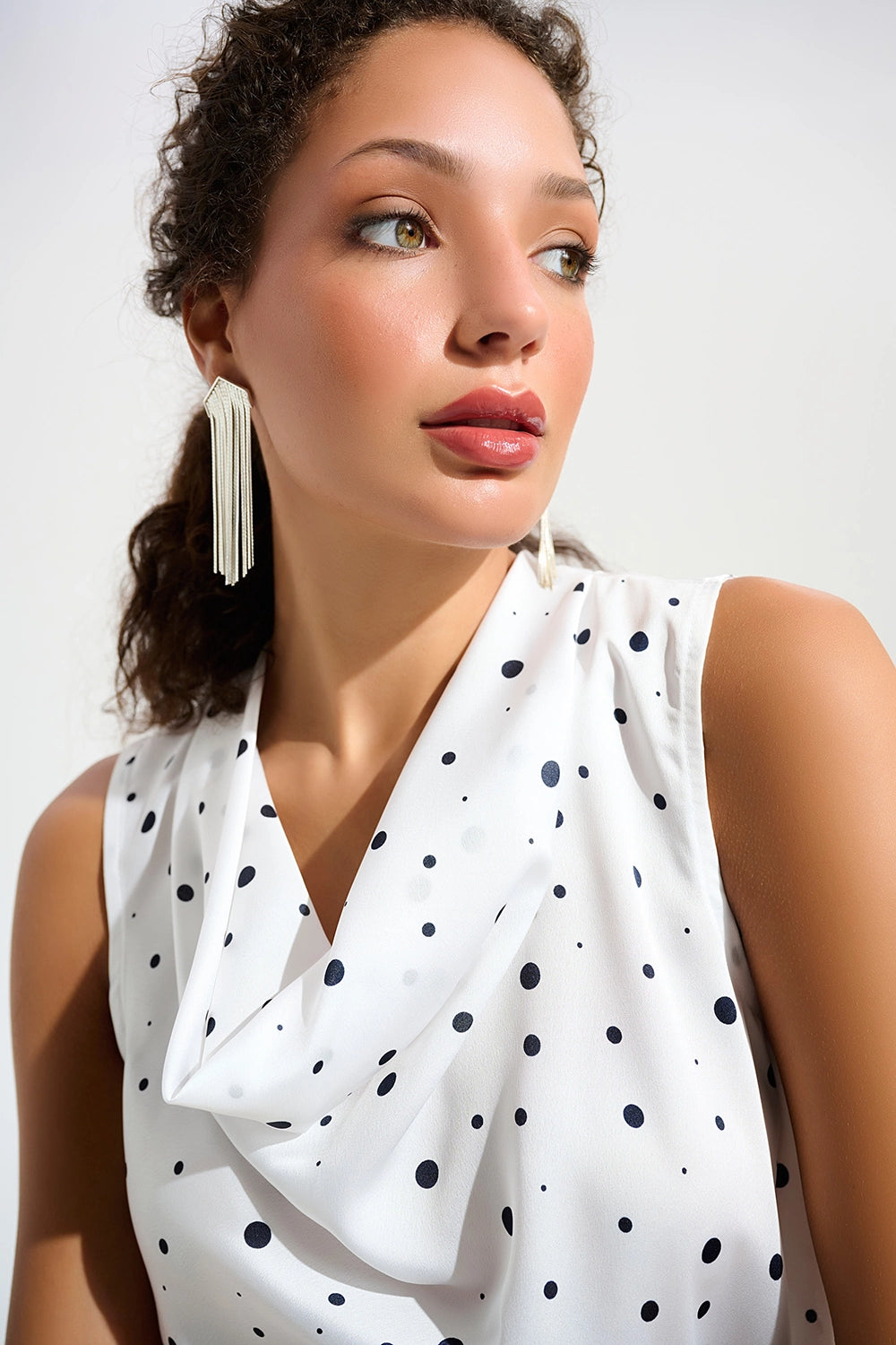 Joseph Ribkoff Recycled Satin Dot Print Sleeveless Cowl Neck Top Jr261746