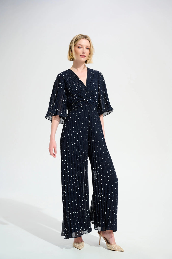 Joseph Ribkoff Signature | Pleated Chiffon Dot Print Wide Leg Jumpsuit With Knot Detail Jr261756