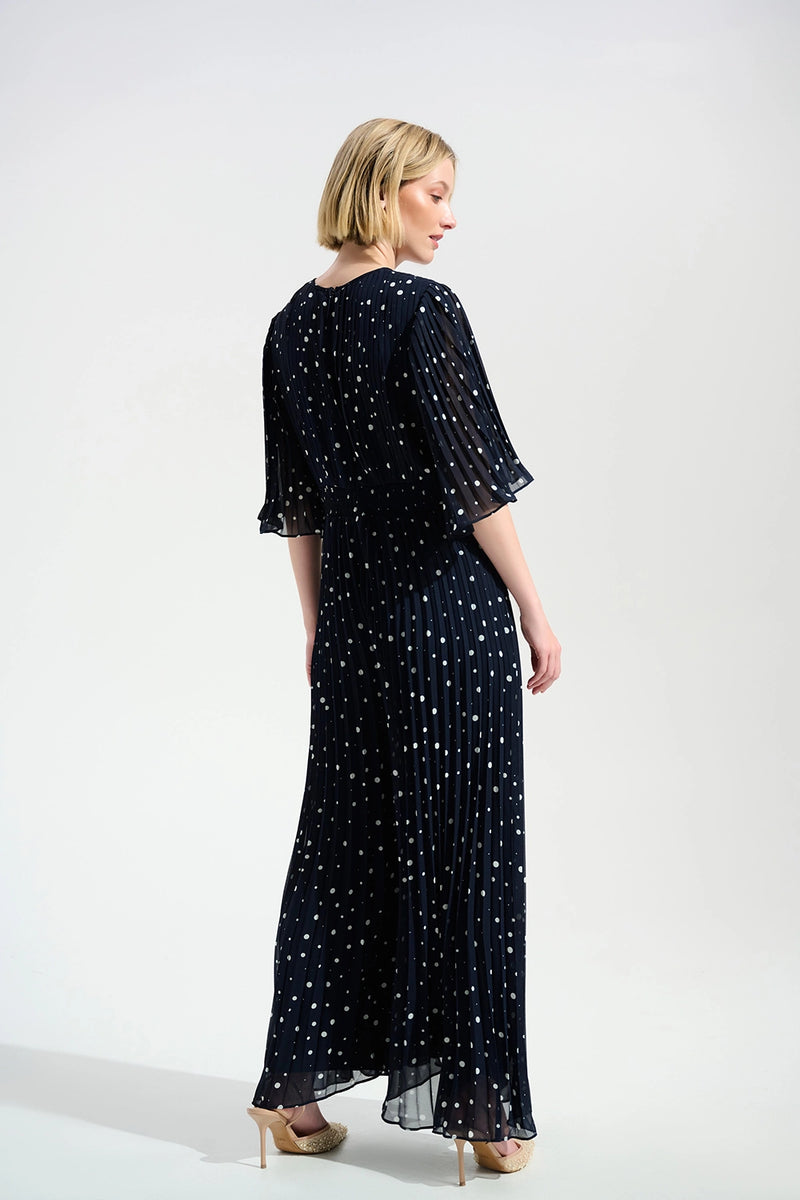 Joseph Ribkoff Signature | Pleated Chiffon Dot Print Wide Leg Jumpsuit With Knot Detail Jr261756