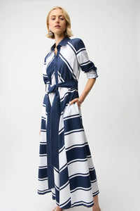 Joseph Ribkoff Cotton Stripe Print Fit and Flare Shirt Dress with Reversible Sash Jr261936