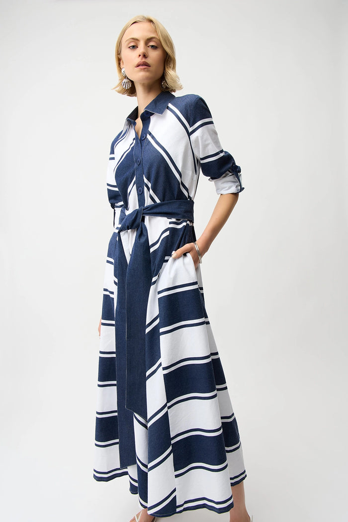 Joseph Ribkoff Cotton Stripe Print Fit and Flare Shirt Dress with Reversible Sash Jr261936