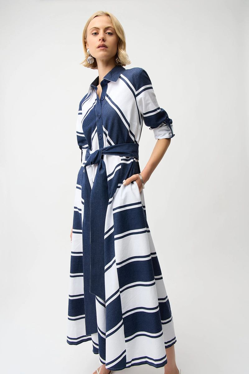Joseph Ribkoff Cotton Stripe Print Fit and Flare Shirt Dress with Reversible Sash Jr261936