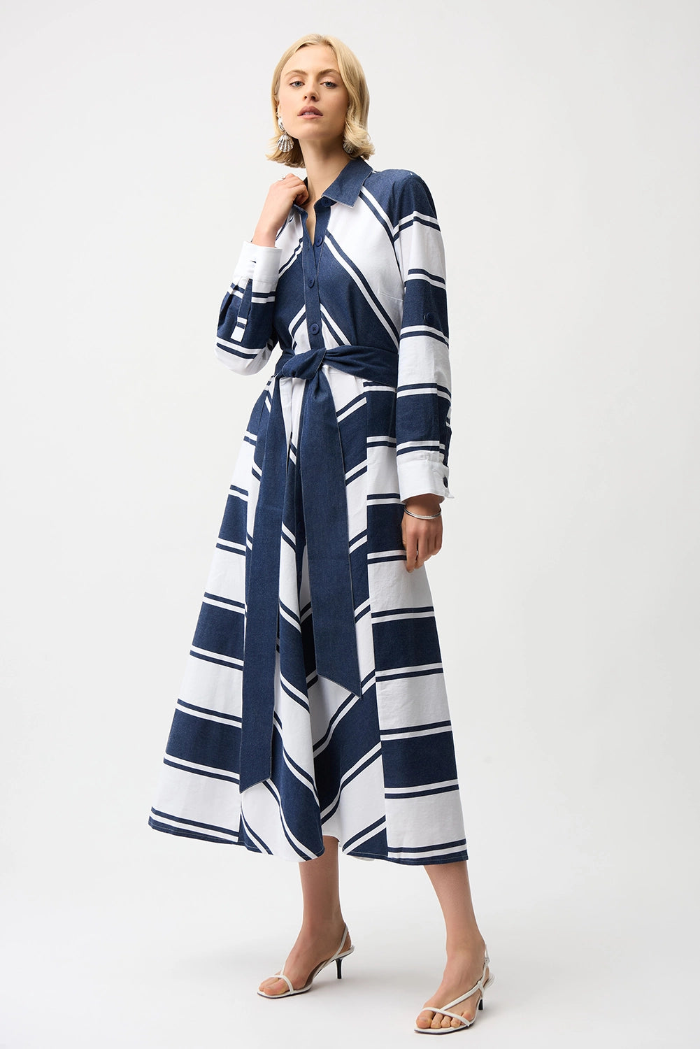 Joseph Ribkoff Cotton Stripe Print Fit and Flare Shirt Dress with Reversible Sash Jr261936
