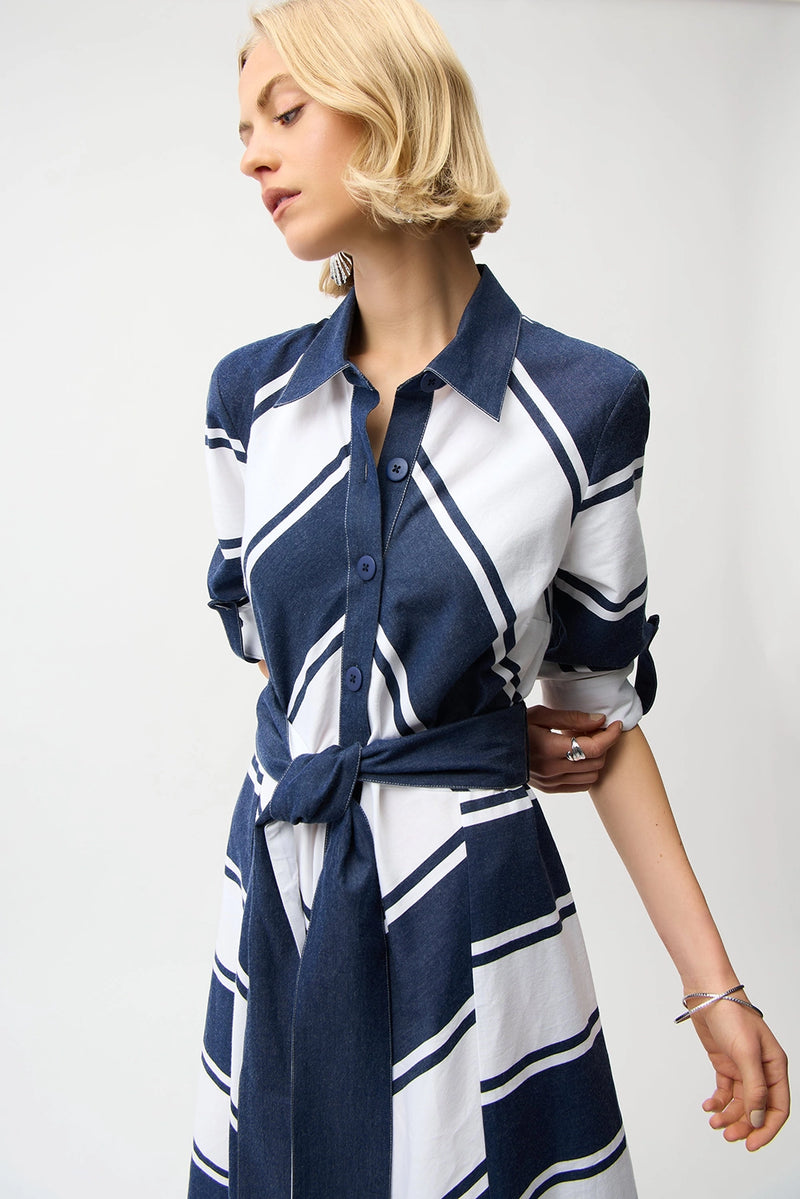 Joseph Ribkoff Cotton Stripe Print Fit and Flare Shirt Dress with Reversible Sash Jr261936
