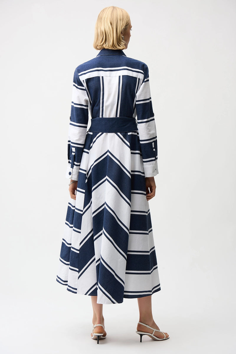 Joseph Ribkoff Cotton Stripe Print Fit and Flare Shirt Dress with Reversible Sash Jr261936