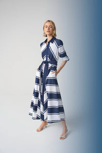 Joseph Ribkoff Cotton Stripe Print Fit and Flare Shirt Dress with Reversible Sash Jr261936