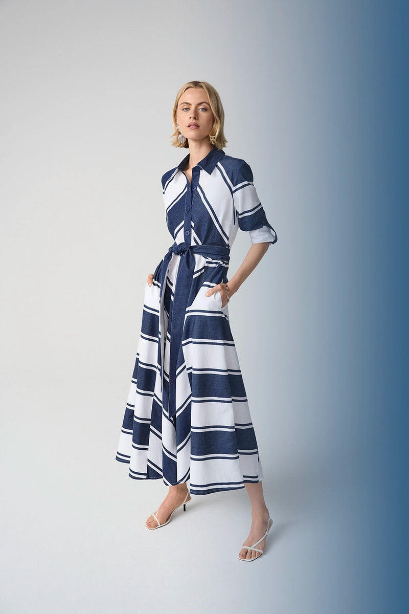 Joseph Ribkoff Cotton Stripe Print Fit and Flare Shirt Dress with Reversible Sash Jr261936