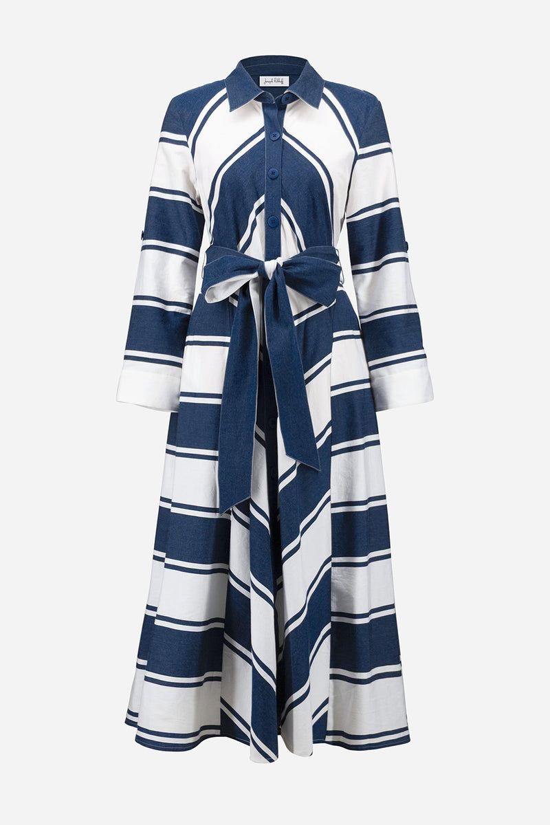 Joseph Ribkoff Cotton Stripe Print Fit and Flare Shirt Dress with Reversible Sash Jr261936