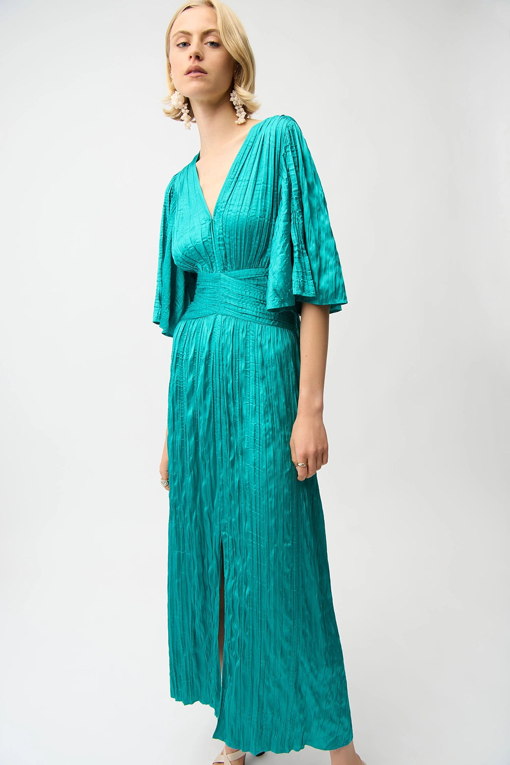 Joseph Ribkoff Satin Fit and Flare Pleated Dress with Knot Waist Detail Jr261962