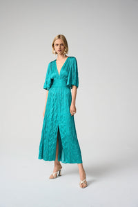 Joseph Ribkoff Satin Fit and Flare Pleated Dress with Knot Waist Detail Jr261962