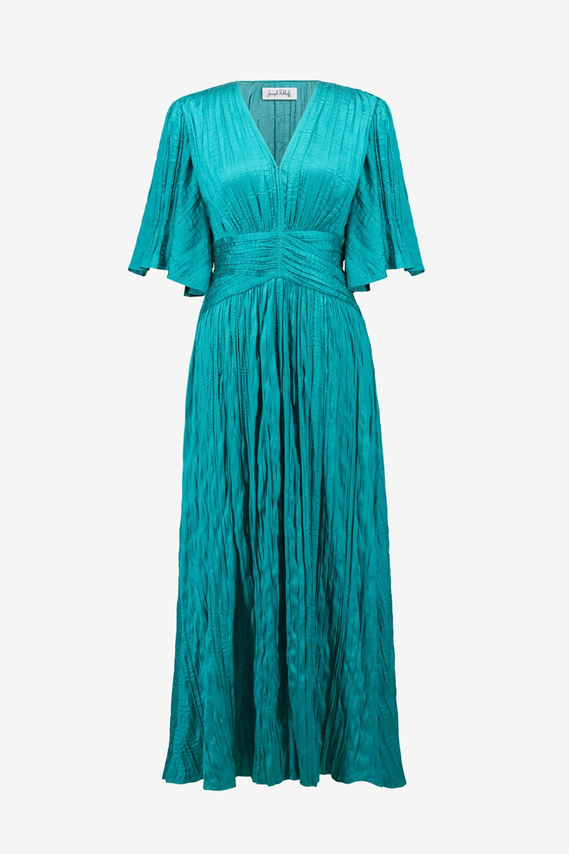 Joseph Ribkoff Satin Fit and Flare Pleated Dress with Knot Waist Detail Jr261962