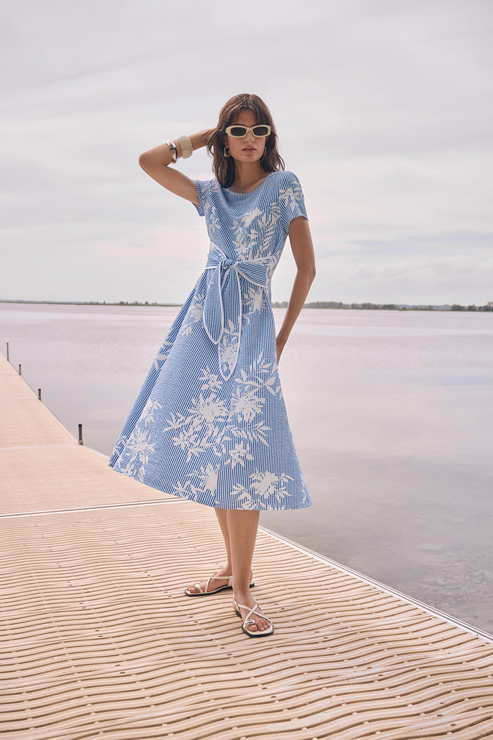 Joseph Ribkoff Woven Seersucker Floral Print Fit And Flare Dress Jr262191