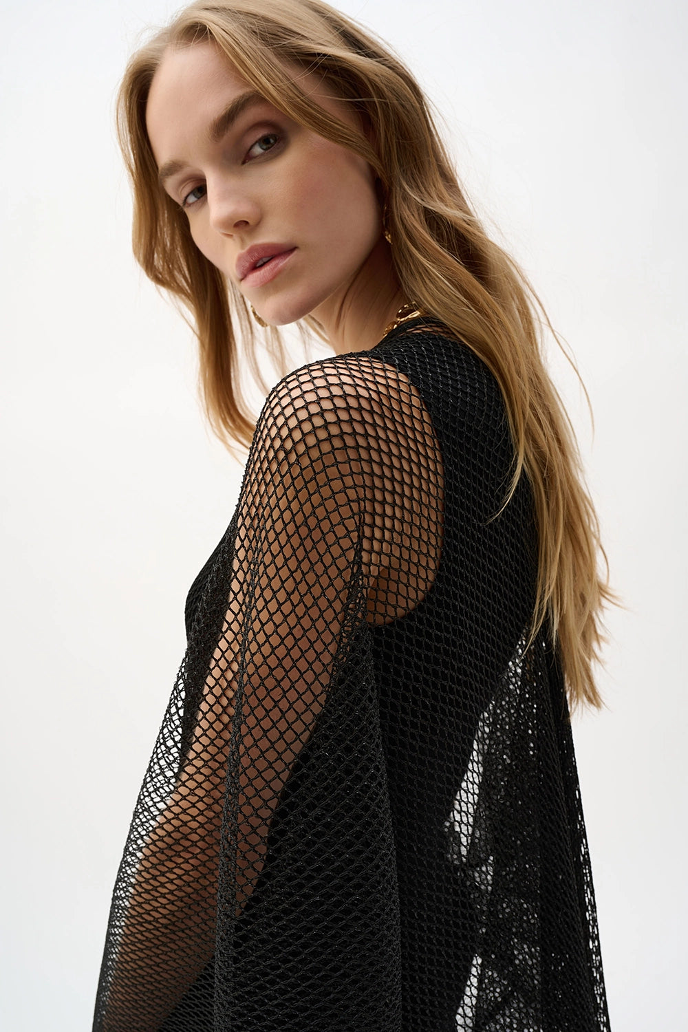 Joseph Ribkoff Woven Open Stitch Draped Cover-Up With Fringe Jr262973