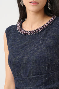 Joseph Ribkoff Lurex Boucle Flounce Dress with Pearl Trim Jr263092