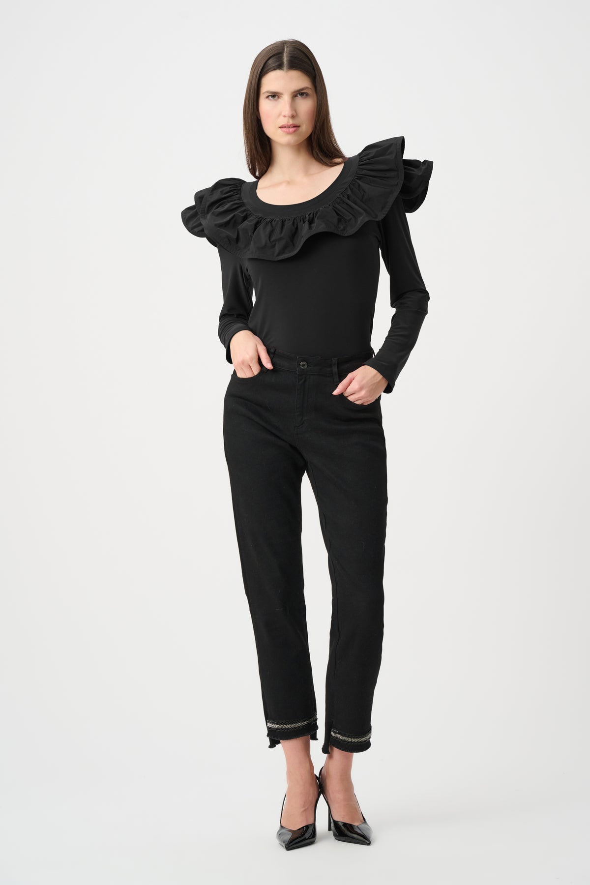 Joseph Ribkoff Silky Knit Fitted Top With Memory Ruffles Jr263167
