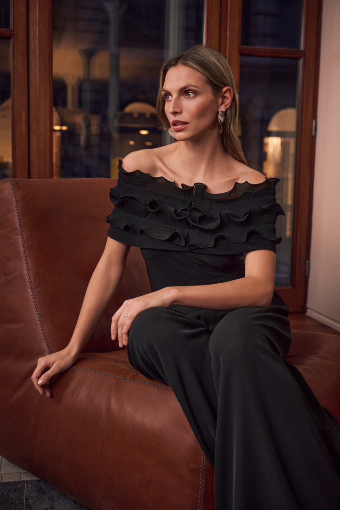 Joseph Ribkoff Silky Knit Off-Shoulder Top With Ruffles Jr263197