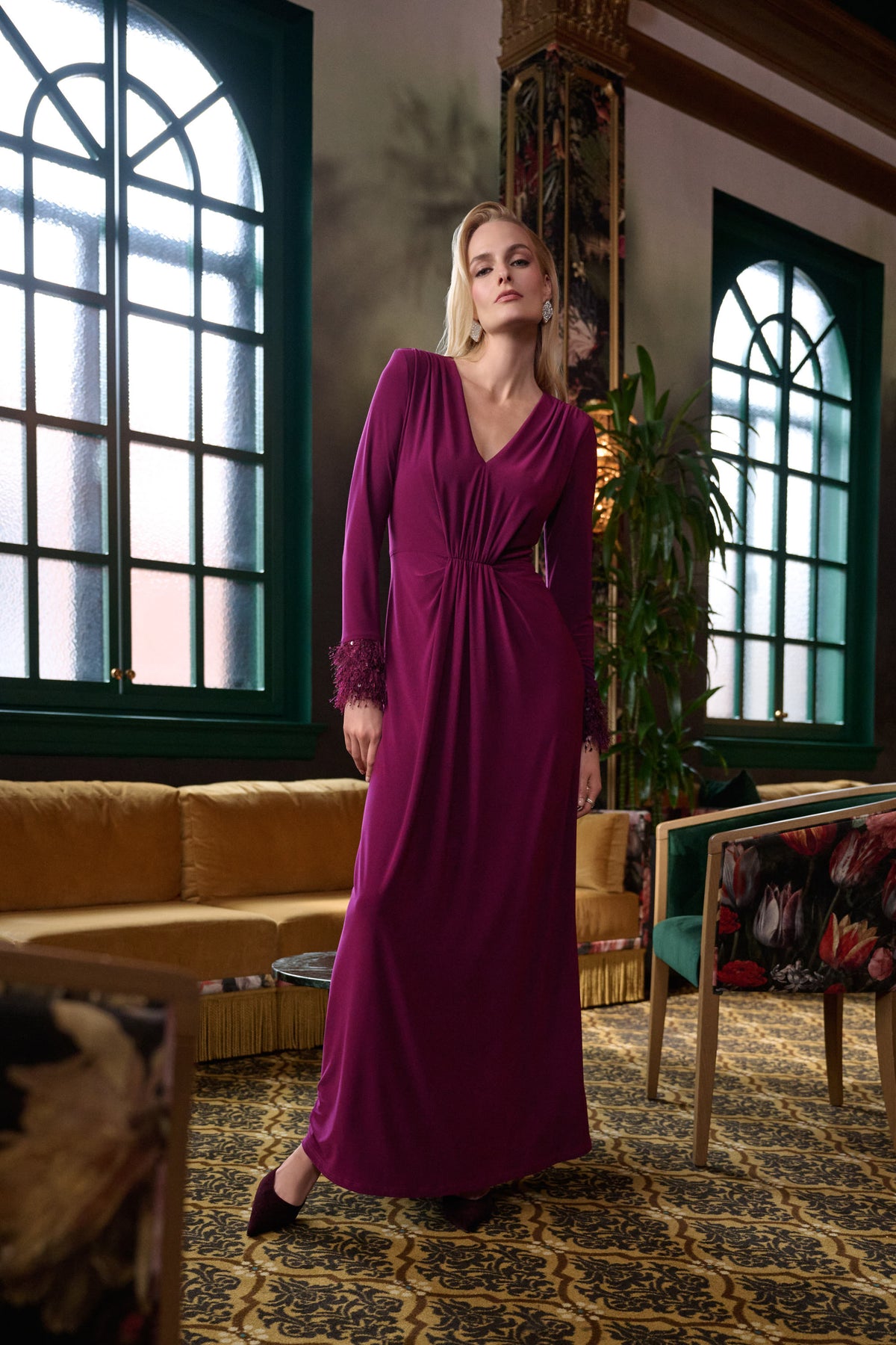 Joseph Ribkoff Silky Knit Fitted Gown With Fringe Jr263729