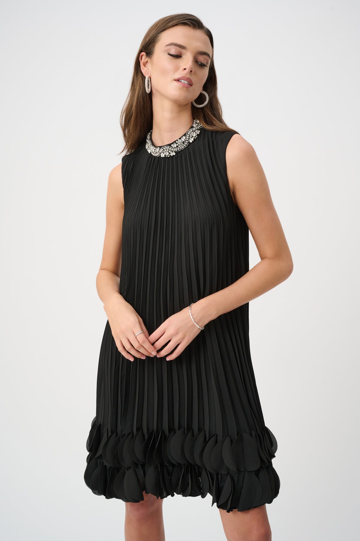 Joseph Ribkoff Pleated Georgette Embellished A-Line Dress Jr263738
