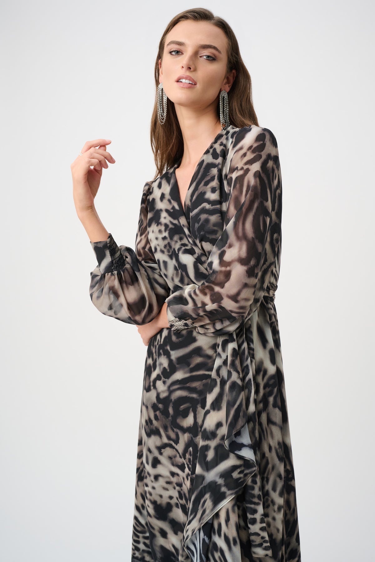 Joseph Ribkoff Signature | Chiffon Printed Fit and Flare Wrap Dress Jr263739