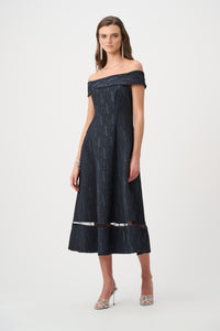 Joseph Ribkoff Signature |Foil-Textured Jacquard Off-Shoulder Fit and Flare Dress Jr263742