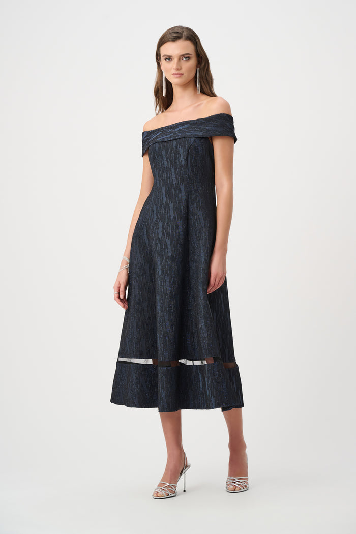 Joseph Ribkoff Signature |Foil-Textured Jacquard Off-Shoulder Fit and Flare Dress Jr263742