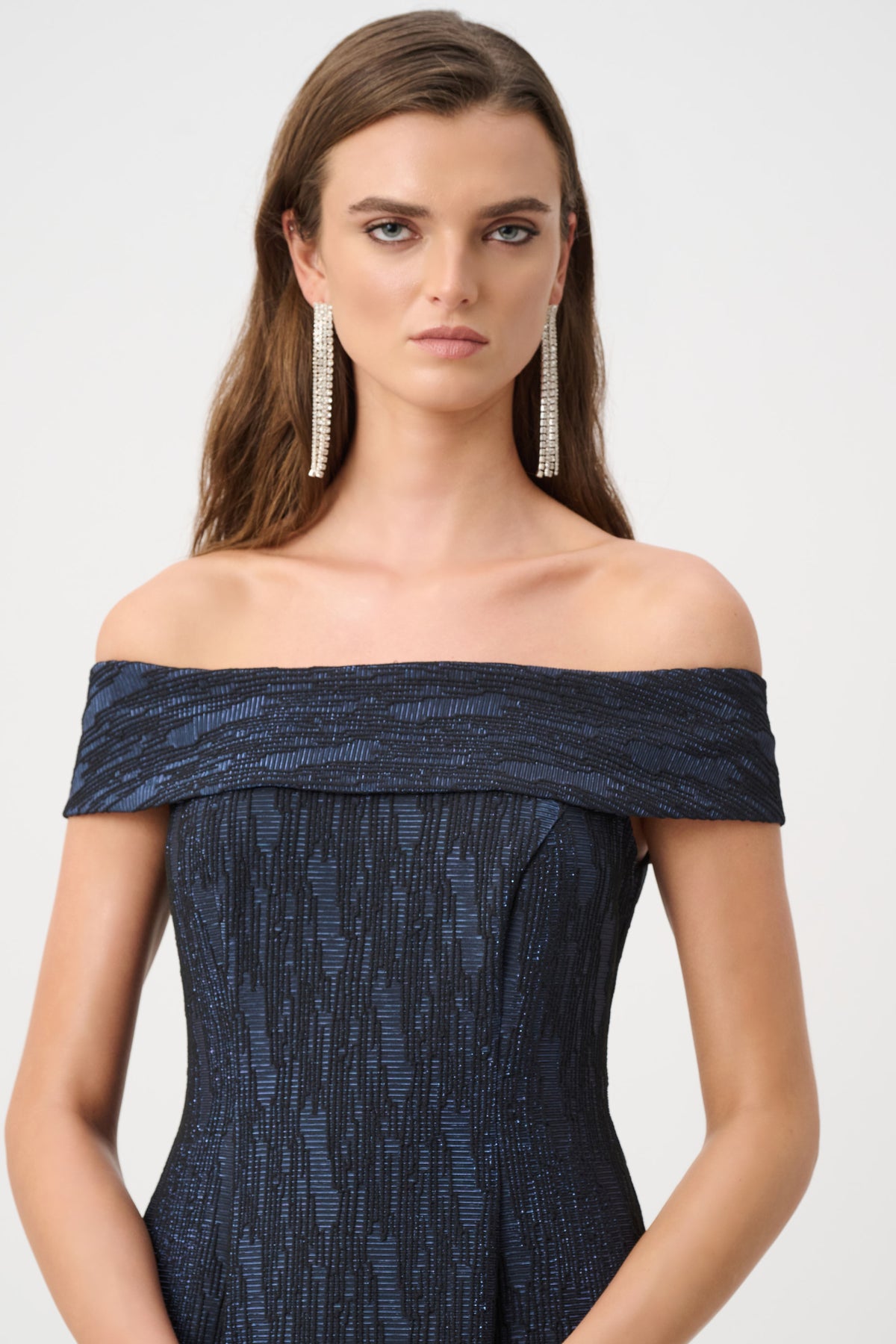 Joseph Ribkoff Signature |Foil-Textured Jacquard Off-Shoulder Fit and Flare Dress Jr263742