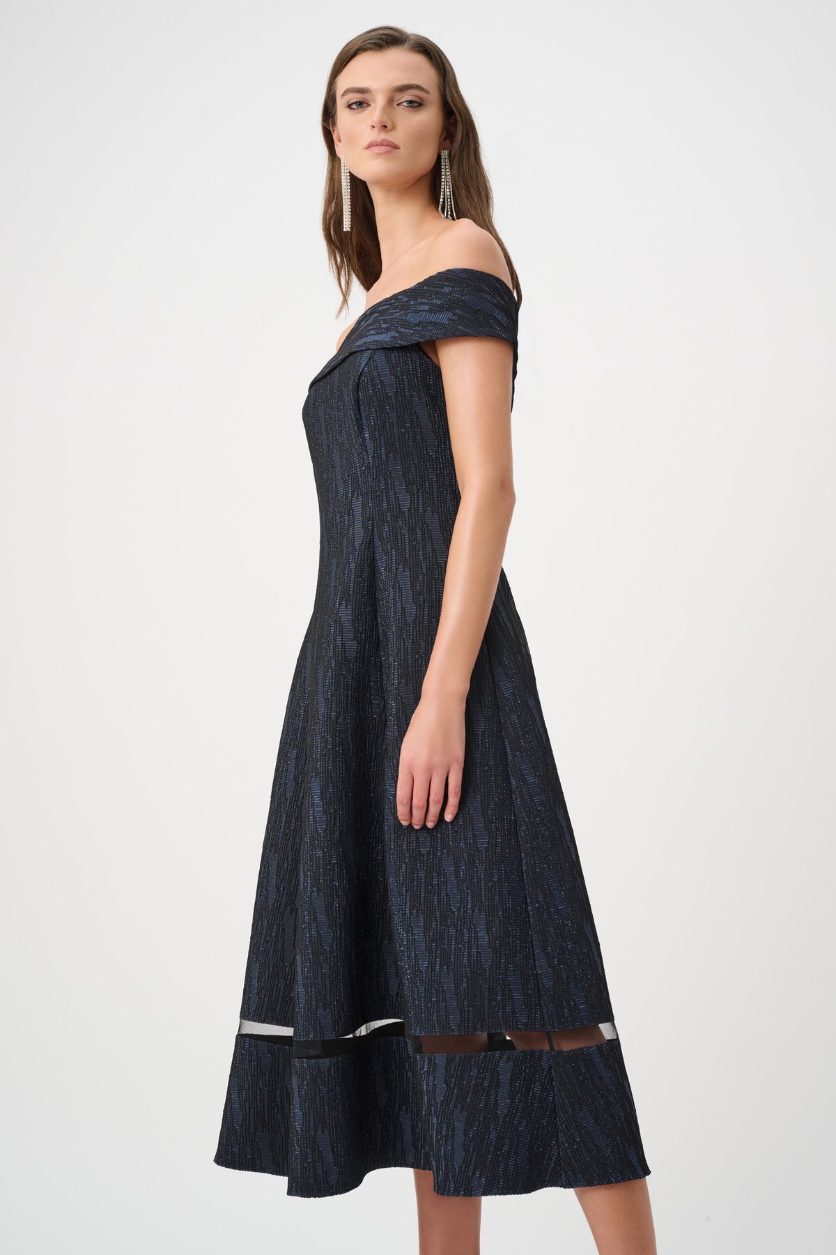 Joseph Ribkoff Signature |Foil-Textured Jacquard Off-Shoulder Fit and Flare Dress Jr263742