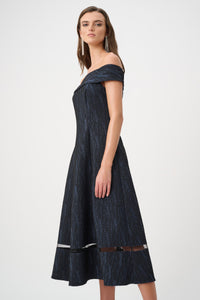 Joseph Ribkoff Signature |Foil-Textured Jacquard Off-Shoulder Fit and Flare Dress Jr263742
