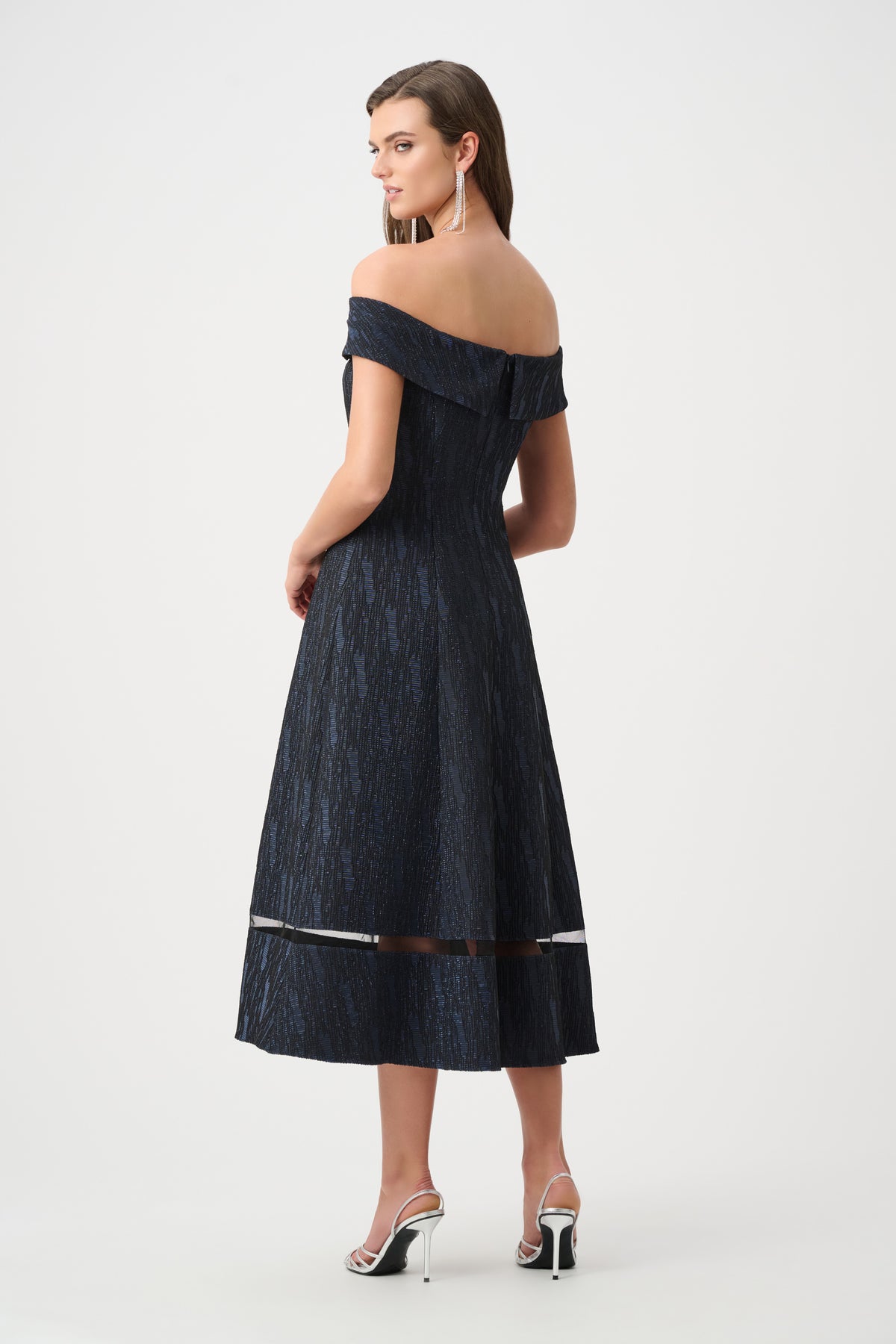 Joseph Ribkoff Signature |Foil-Textured Jacquard Off-Shoulder Fit and Flare Dress Jr263742