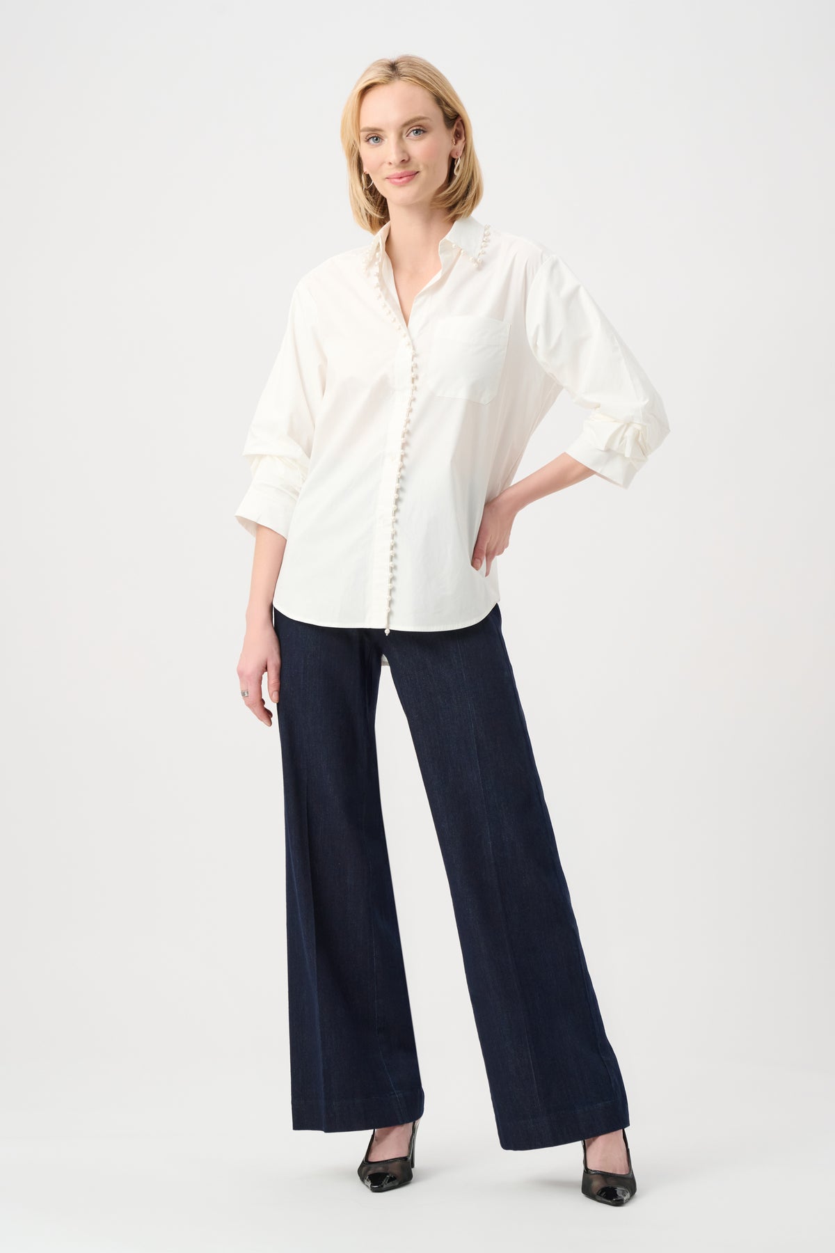 Joseph Ribkoff Cotton Poplin Pearl Trim Boxy Blouse Jr263923