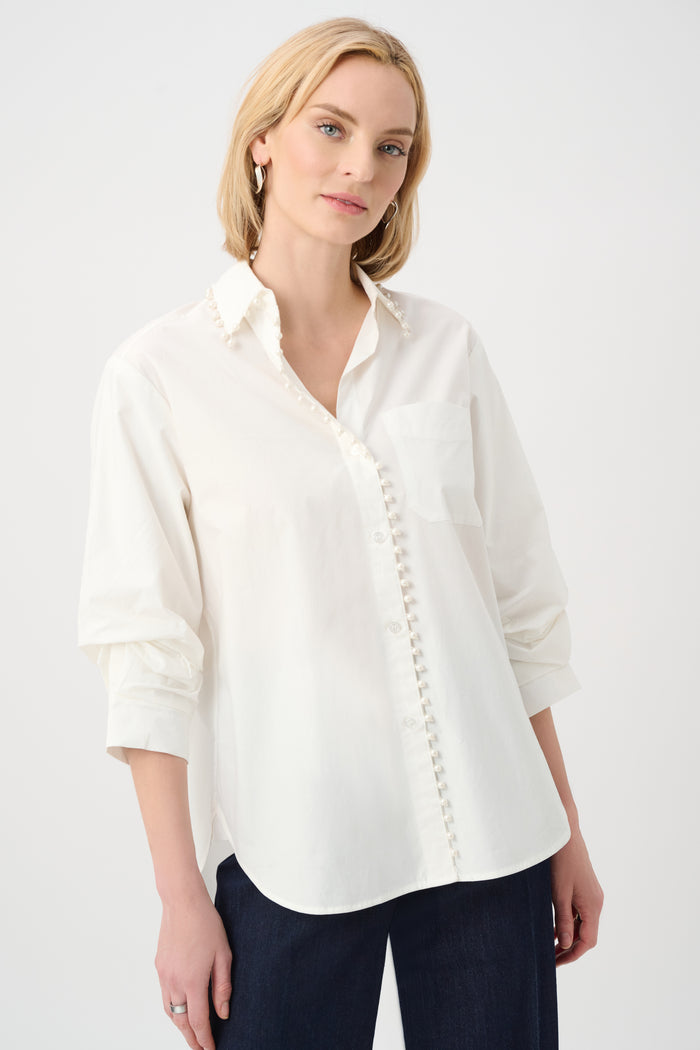 Joseph Ribkoff Cotton Poplin Pearl Trim Boxy Blouse Jr263923